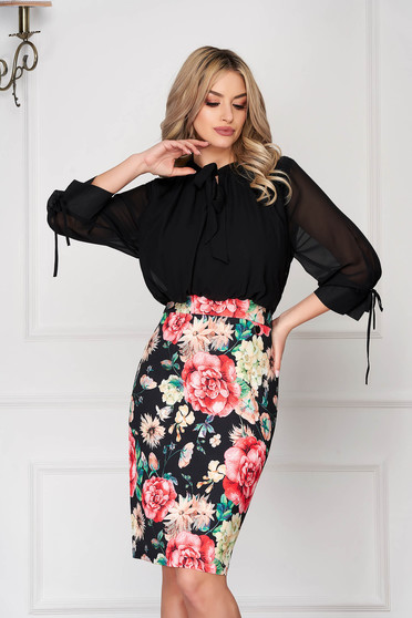 Black elegant daily midi pencil dress with 3/4 sleeves with floral prints