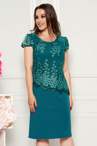 Rochie verde petrol eleganta midi cu un croi drept cu maneci scurte din material subtire suprapunere cu dantela