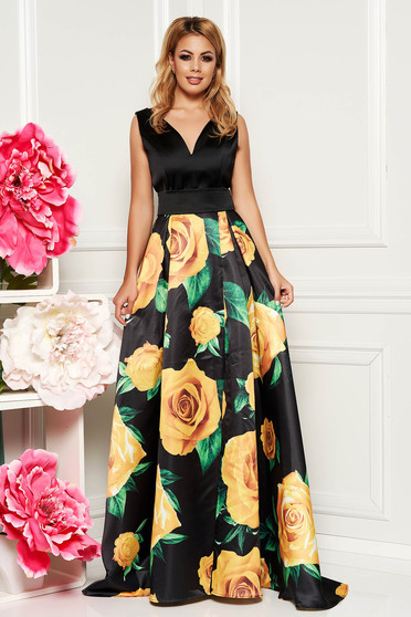 Rochie PrettyGirl neagra de ocazie in clos din material satinat cu imprimeuri florale accesorizata cu cordon