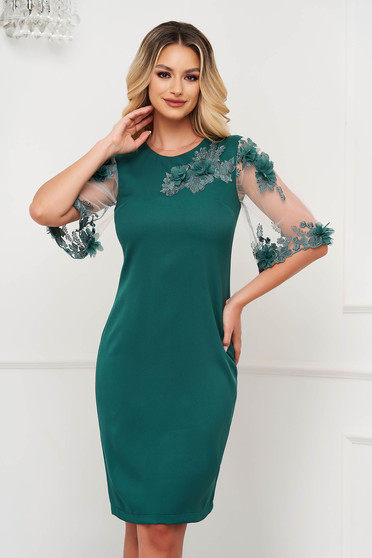 Mother in law dresses, StarShinerS green elegant midi dress with tented cut slightly elastic fabric with floral details handmade details with crystal embellished details - StarShinerS.com
