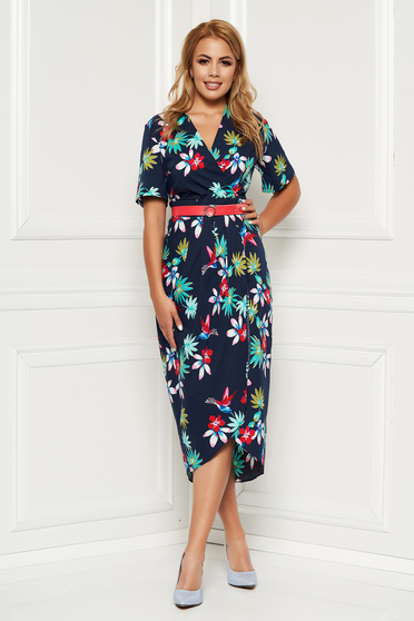 Rochie albastra-inchis de zi cu un croi cambrat cu decolteu in v din material vaporos cu accesoriu tip curea