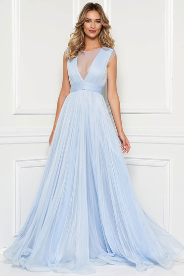 Rochie Ana Radu albastru-deschis de lux din tul captusita pe interior cu bust buretat de seara