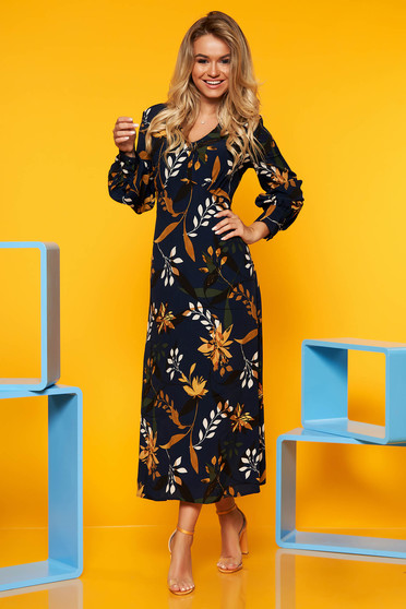 Rochie albastru-inchis SunShine cu imprimeu floral de zi cu maneca lunga
