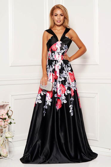 Rochie Artista neagra lunga de seara cu decolteu adanc si imprimeuri florale