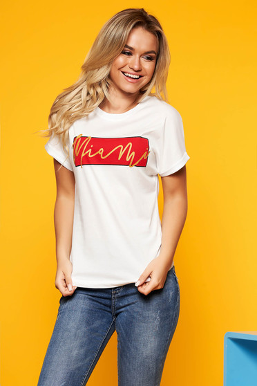 Tricou SunShine casual alb cu croi larg din bumbac usor elastic