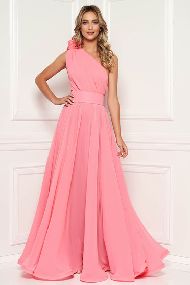 Rochie Ana Radu roz prafuit de lux lunga in clos din voal captusita pe interior accesorizata cu cordon