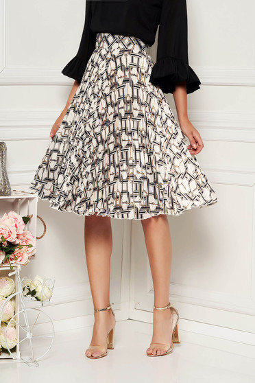 Fusta PrettyGirl alba midi in clos cu talie inalta din material satinat plisata