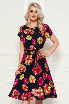 Darkblue daily midi cloche dress nonelastic fabric with floral print accessorized with tied waistband