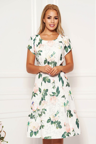Rochie alba midi de zi in clos din bumbac cu imprimeu floral cu maneci scurte fara captuseala