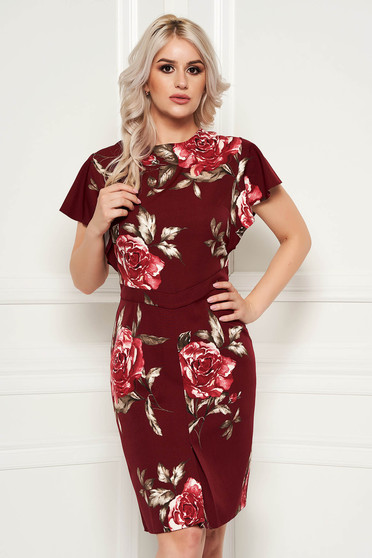 Rochie visinie eleganta midi tip creion cu maneca scurta din material fin la atingere cu imprimeuri florale