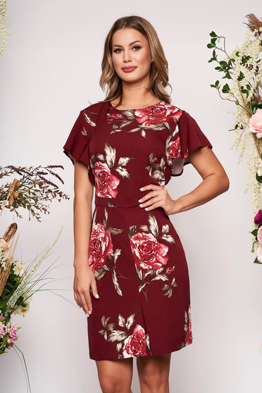 Rochie visinie eleganta midi tip creion cu maneca scurta din material fin la atingere cu imprimeuri florale