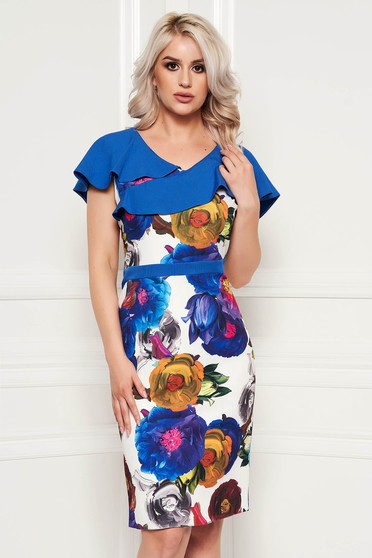 Rochie albastra eleganta tip creion din material elastic cu imprimeuri florale si volanase pe linia decolteului