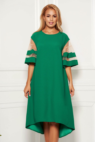 Rochie verde eleganta asimetrica cu croi larg din material subtire cu maneci scurte