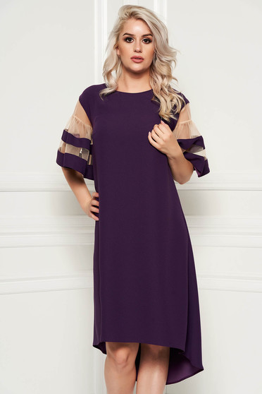 Rochie mov eleganta asimetrica cu croi larg din material subtire cu maneci scurte