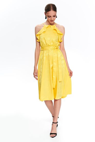 Rochie Top Secret galbena midi in clos cu bretele cu volanase accesorizata cu cordon