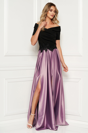 Rochie Artista lila de ocazie in clos pe umeri din material satinat cu insertii de broderie