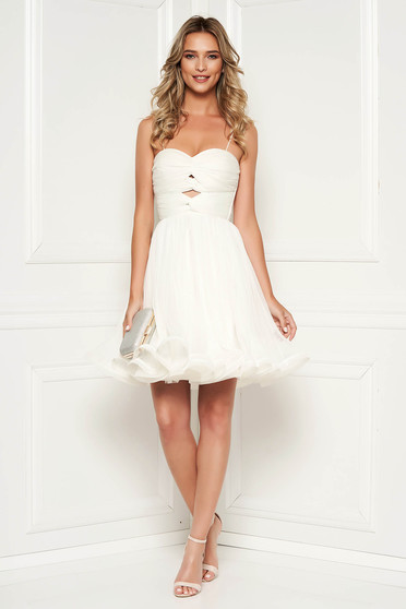 Rochie Ana Radu alba de lux in clos tip corset cu bust buretat din tul