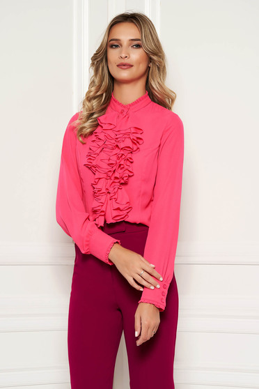 Bluza dama StarShinerS fuchsia office cu volanase din material vaporos si transparent si guler inalt
