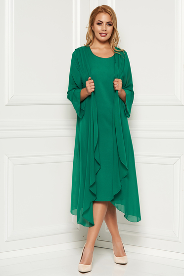Rochie verde eleganta midi din material fin la atingere fara maneci capa detasabila