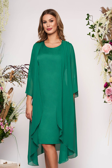 Rochie verde eleganta midi din material fin la atingere fara maneci cu capa detasabila