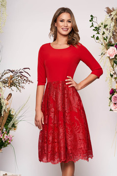 Red elegant midi cloche dress slightly elastic fabric lace overlay