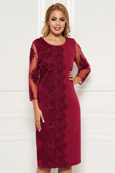 Rochie visinie de ocazie din material vaporos fara captuseala cu maneci din dantela