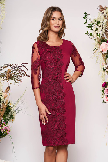 Rochie visinie de ocazie din material vaporos fara captuseala cu maneci din dantela