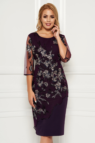 Rochie mov eleganta midi cu un croi cambrat din stofa suprapunere cu dantela