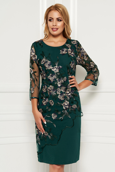 Rochie verde eleganta midi cu un croi cambrat din stofa cu suprapunere cu dantela