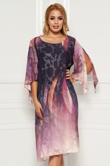 Rochie lila eleganta de zi cu un croi drept din material vaporos cu flori in relief si maneci decupate
