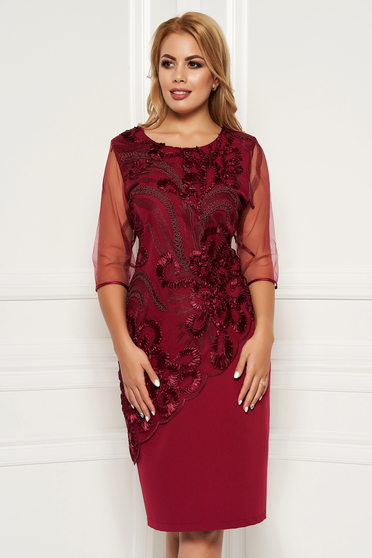 Rochie visinie eleganta de zi cu un croi drept midi cu maneci din voal si suprapunere cu dantela
