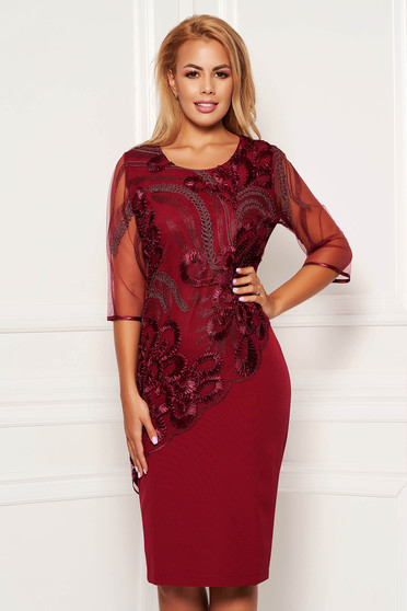 Rochie visinie eleganta de zi cu un croi drept midi cu maneci din voal suprapunere cu dantela