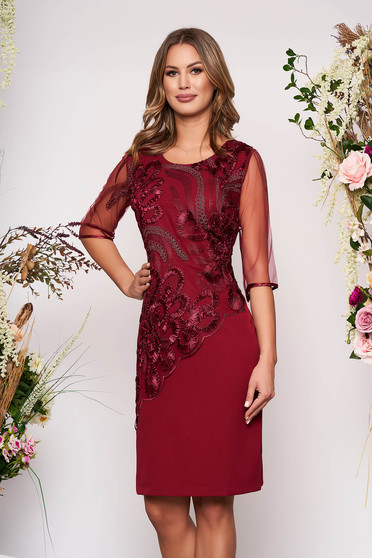 Rochie visinie eleganta de zi cu un croi drept midi cu maneci din voal suprapunere cu dantela