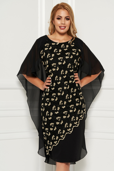 Rochie neagra midi cu un croi drept de ocazie din stofa subtire usor elastica suprapunere cu dantela suprapunere cu voal