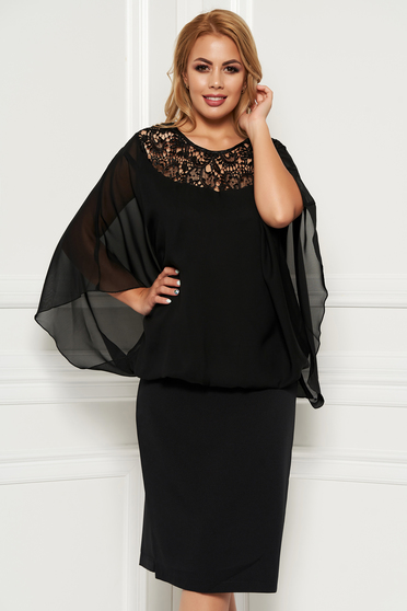 Rochie neagra de ocazie midi din stofa neelastica subtire cu aplicatii de dantela suprapunere cu voal