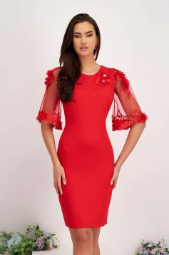 StarShinerS red elegant midi dress with tented cut slightly elastic fabric with floral details handmade details with crystal embellished details