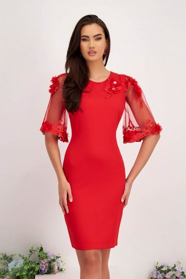 Red pencil type elastic fabric dress with handmade applied details and lace sleeves - StarShinerS