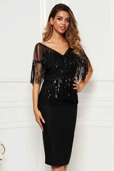Rochie PrettyGirl neagra de ocazie din stofa tip creion cu decolteu in v tip corset umeri din plasa cu aplicatii cu paiete