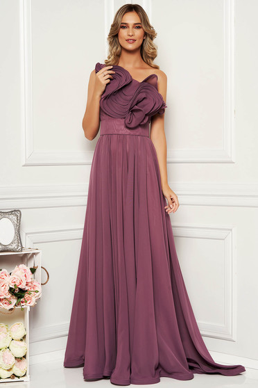 Rochie Ana Radu mov de lux pe umar din voal captusita pe interior cu volanase accesorizata cu cordon
