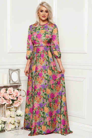 Rochie verde eleganta lunga de ocazie in clos cu maneca lunga din material satinat cu imprimeu floral