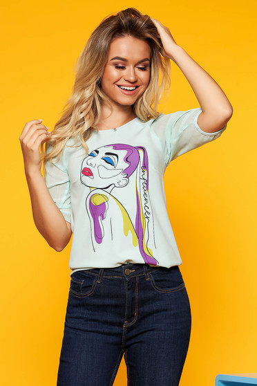 Bluza dama StarShinerS mint casual cu croi larg cu maneci trei-sferturi din voal si imprimeuri grafice
