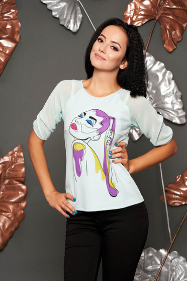 Bluza dama StarShinerS mint casual cu croi larg cu maneci trei-sferturi din voal si imprimeuri grafice