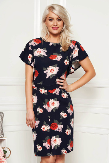 Rochie albastru-inchis eleganta midi tip creion cu maneca scurta din material fin la atingere cu imprimeuri florale