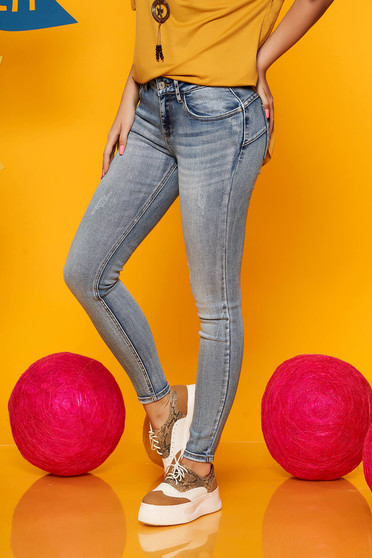 Blugi SunShine albastri casual skinny din denim cu talie medie