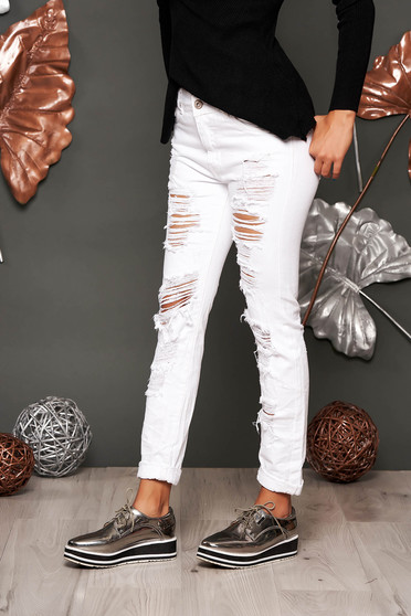 Blugi SunShine albi casual skinny cu talie medie cu rupturi si buzunare in fata