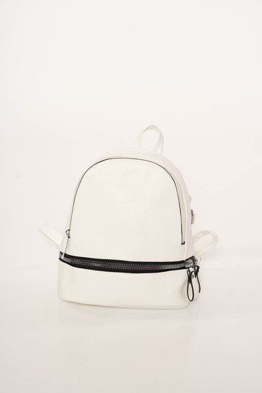 Rucsac alb casual din piele ecologica accesorizat cu fermoar
