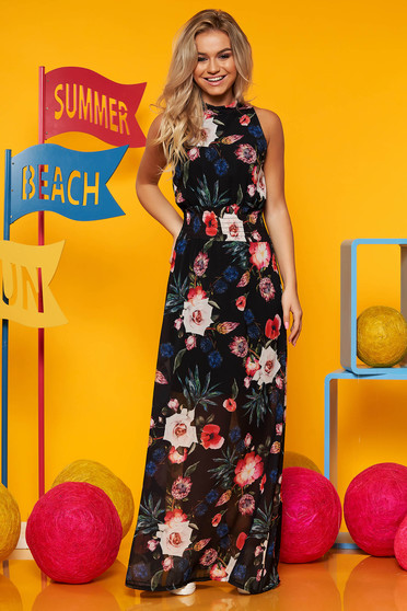 Rochie SunShine neagra casual de zi in clos din voal cu elastic in talie guler tip halter