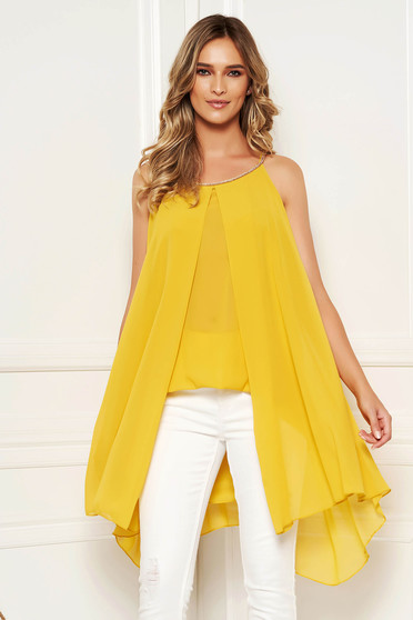 Bluza dama SunShine mustarie scurta de zi din voal suprapunere cu voal fara maneci