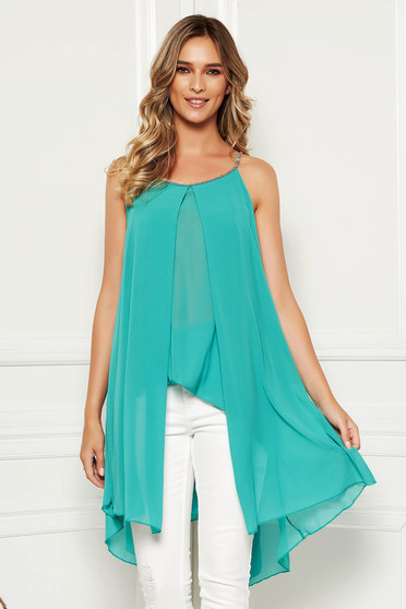 Bluza dama SunShine turcoaz scurta de zi din voal suprapunere cu voal fara maneci