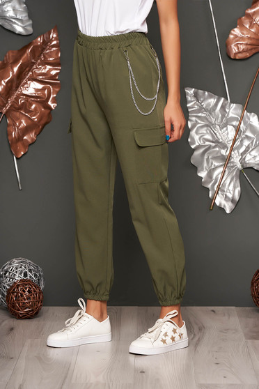Pantaloni SunShine khaki casual cu talie inalta buzunare laterale si accesoriu inclus